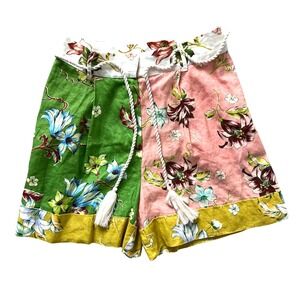 Megachoni 100% Linen Floral Patchwork Shorts Size 6 Tassel Rope Belt MSRP $168